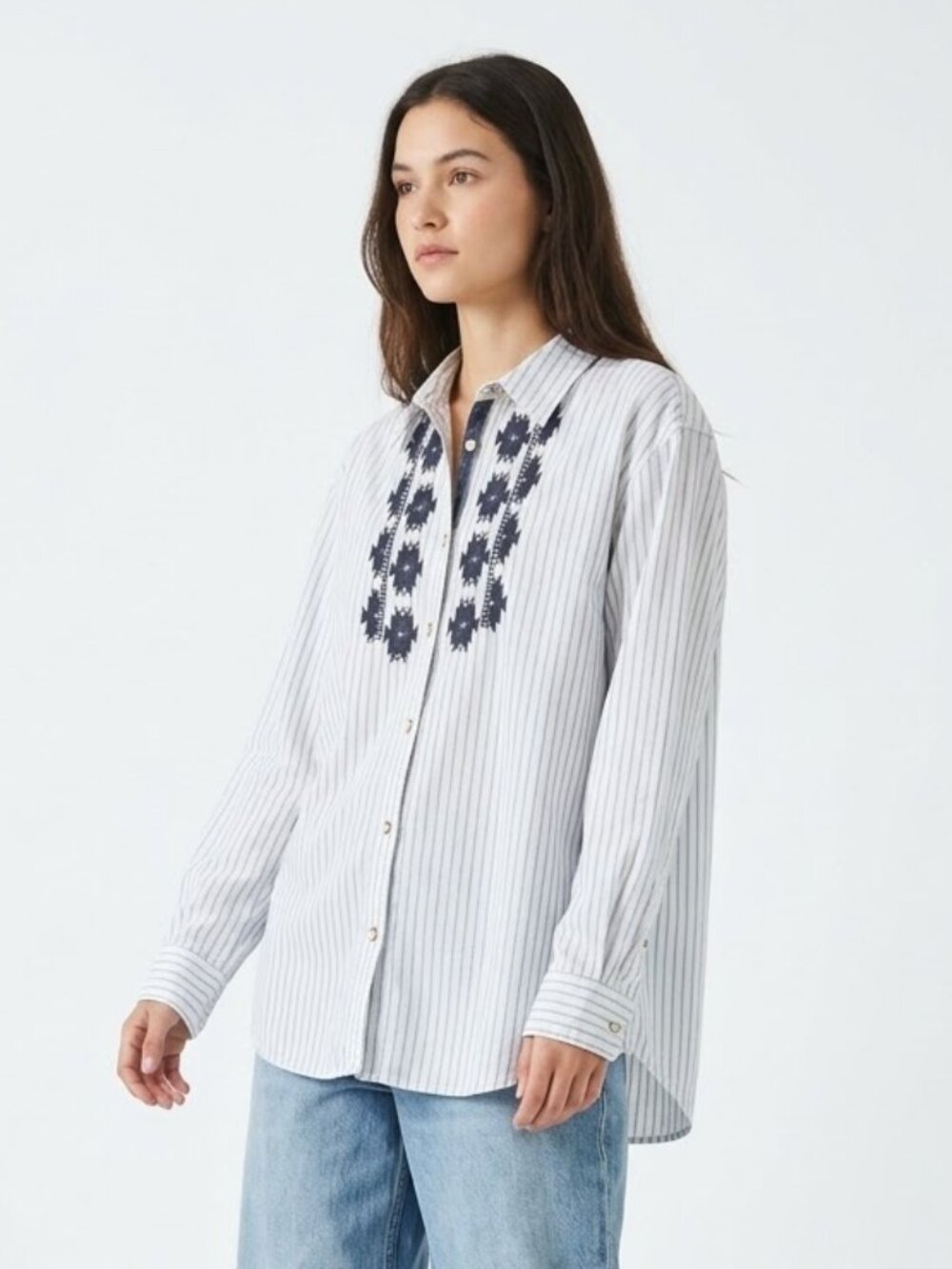 Chaps Blouse White Blue Stripes Embroidered Southwestern Boho 2XL